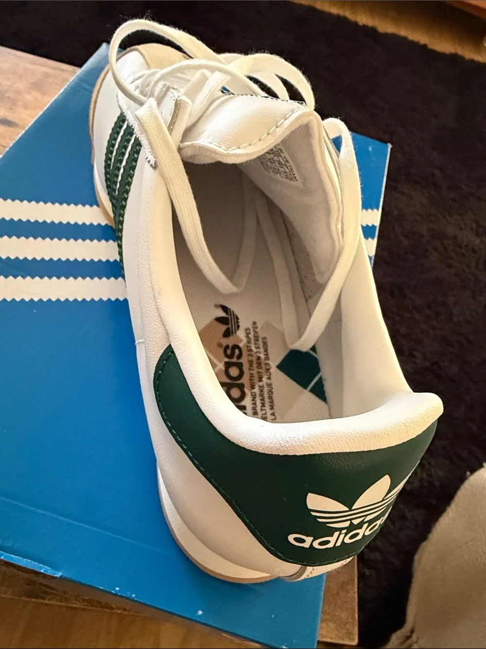 adidas Samoa Leather Sneakers in White with Green Stripes and Gum Toe